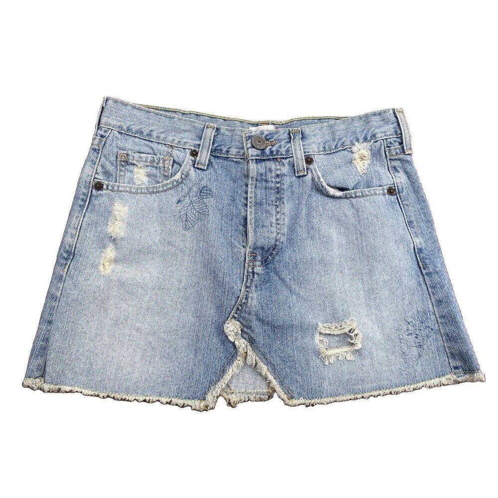 Levi's Denim Mini Skirt Jrs Size 3 Blue Distressed Frayed Hem Y2k Leaf Print
